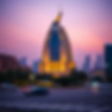 Al Maktoum Building at Dusk Evening view of Al Maktoum Building illuminated against the Dubai skyline