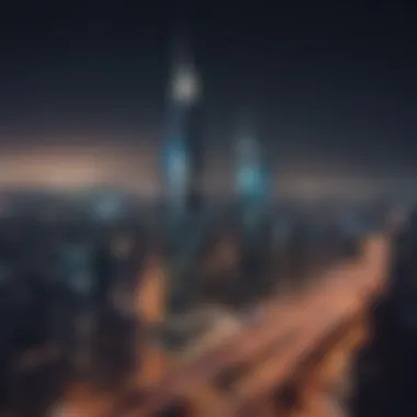 Night view of Al Safa Tower illuminated against the Dubai skyline