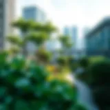 A vibrant green park integrated within an urban landscape