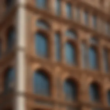 Close-up of the Dana Building's unique facade highlighting architectural details.