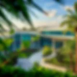 A panoramic view of the Damac Hills Community Center showcasing lush greenery and modern architecture