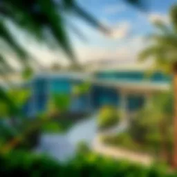 A panoramic view of the Damac Hills Community Center showcasing lush greenery and modern architecture