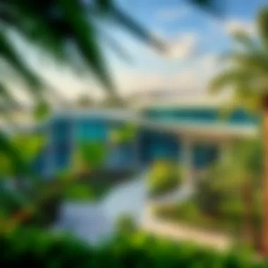 A panoramic view of the Damac Hills Community Center showcasing lush greenery and modern architecture
