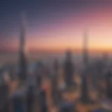 A panoramic view of the Dubai skyline showcasing iconic skyscrapers