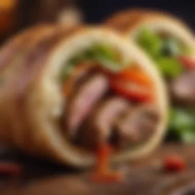 Close-up of a flavorful kabab roll filled with fresh ingredients