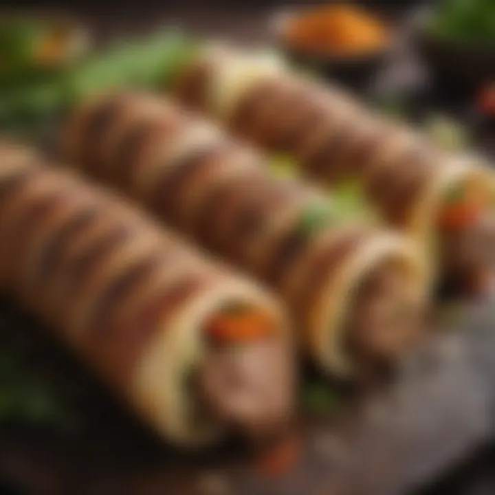 Culinary delight of kabab rolls garnished with fresh herbs and spices