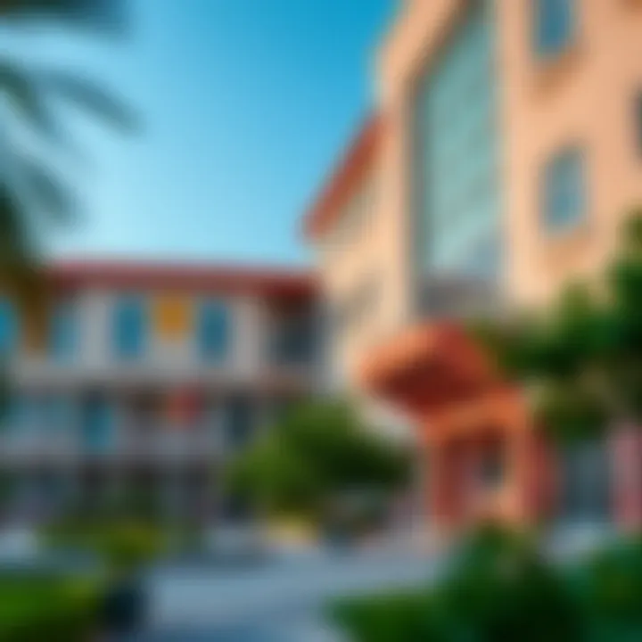 Exterior view of a diverse international school showcasing cultural elements