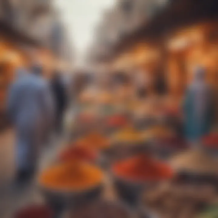 A bustling market scene in Deira filled with colorful spices
