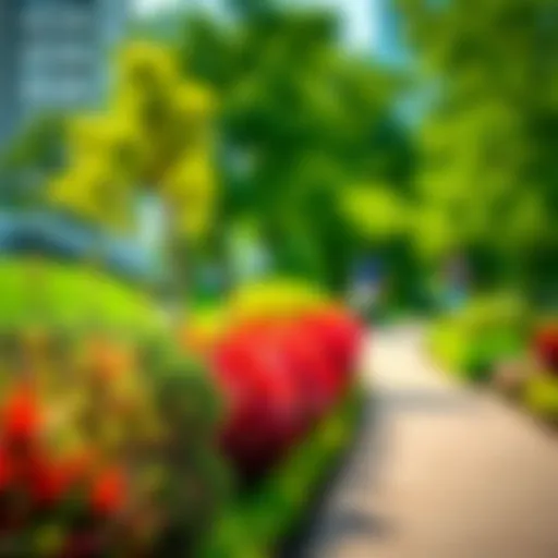 A vibrant urban green park with diverse plant life and walking paths
