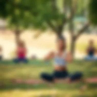 Yoga in Nature: A Serene Park Experience A serene park scene with individuals practicing yoga amidst nature