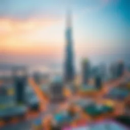 A panoramic view of the Manal Tower showcasing its architectural beauty against the Dubai skyline