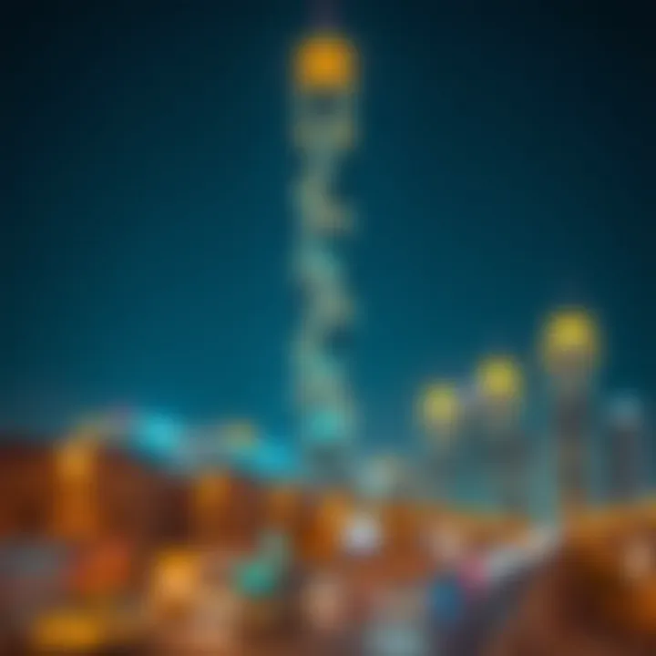An evening shot of the Remal Tower illuminated against the Dubai skyline