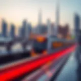 A panoramic view of Dubai's skyline with a modern metro train