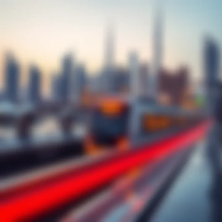 A panoramic view of Dubai's skyline with a modern metro train