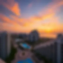 Panoramic view of Jumeirah Beach Residence with sunset