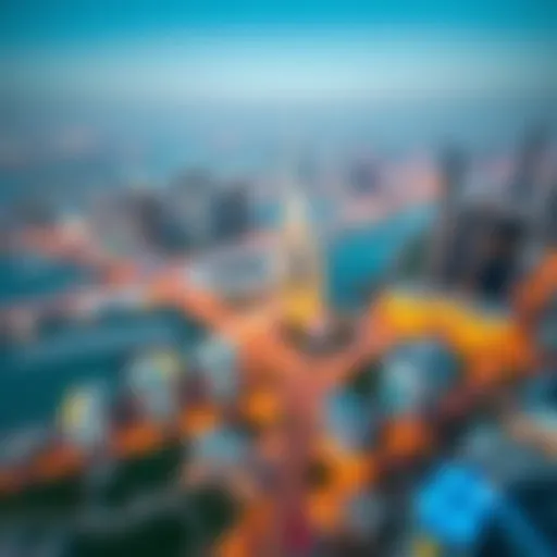 Aerial view showcasing the skyline of Business Bay with Silicon Oasis in the background