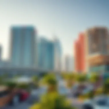 Vibrant community life in Silicon Oasis contrasting with the urban landscape of Business Bay
