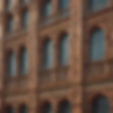 Close-up of the unique facade of the Rafco Building highlighting its intricate details