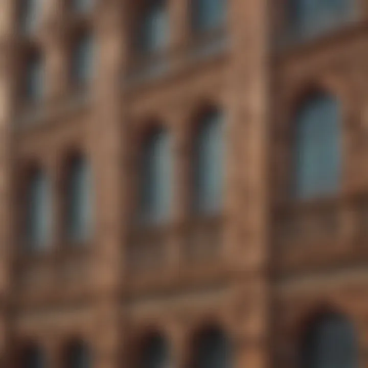 Close-up of the unique facade of the Rafco Building highlighting its intricate details