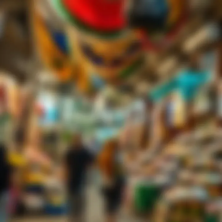 Local market with diverse shops and visitors exploring