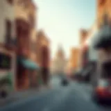 Vibrant street scene in Wasl District showcasing local architecture