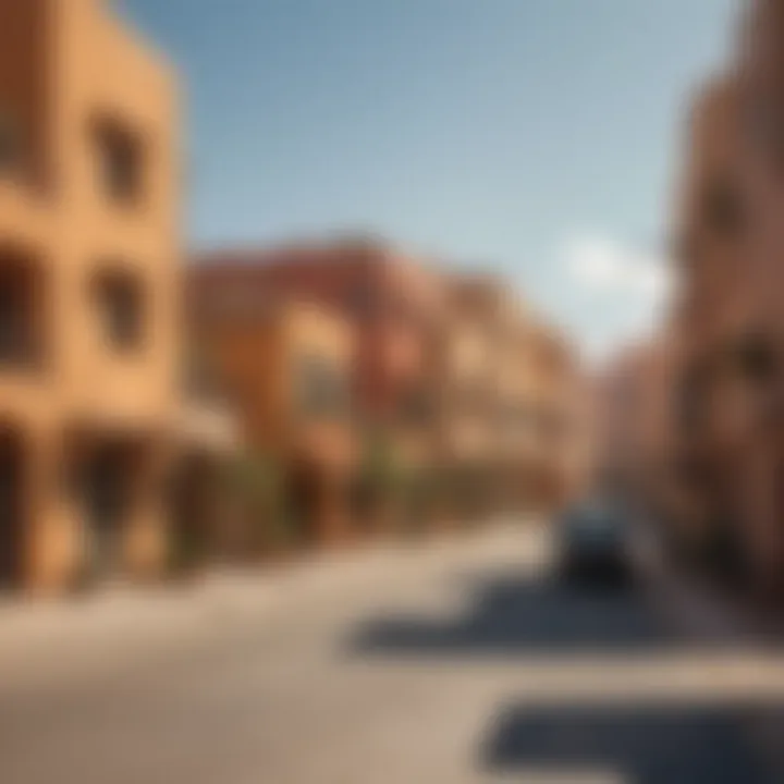 A vibrant street view showcasing the unique architecture of Wasl Village.